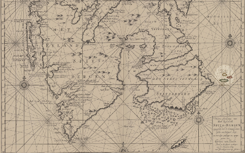 Gedeelte oude kaart van Spitsbergen met de 'Ryk Ises Eylanden' vernoemd naar Rijk Corneliszoon IJs
